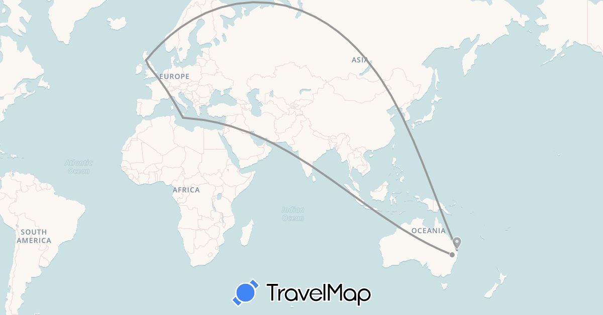 TravelMap itinerary: driving, plane in Australia, United Kingdom, Malta (Europe, Oceania)